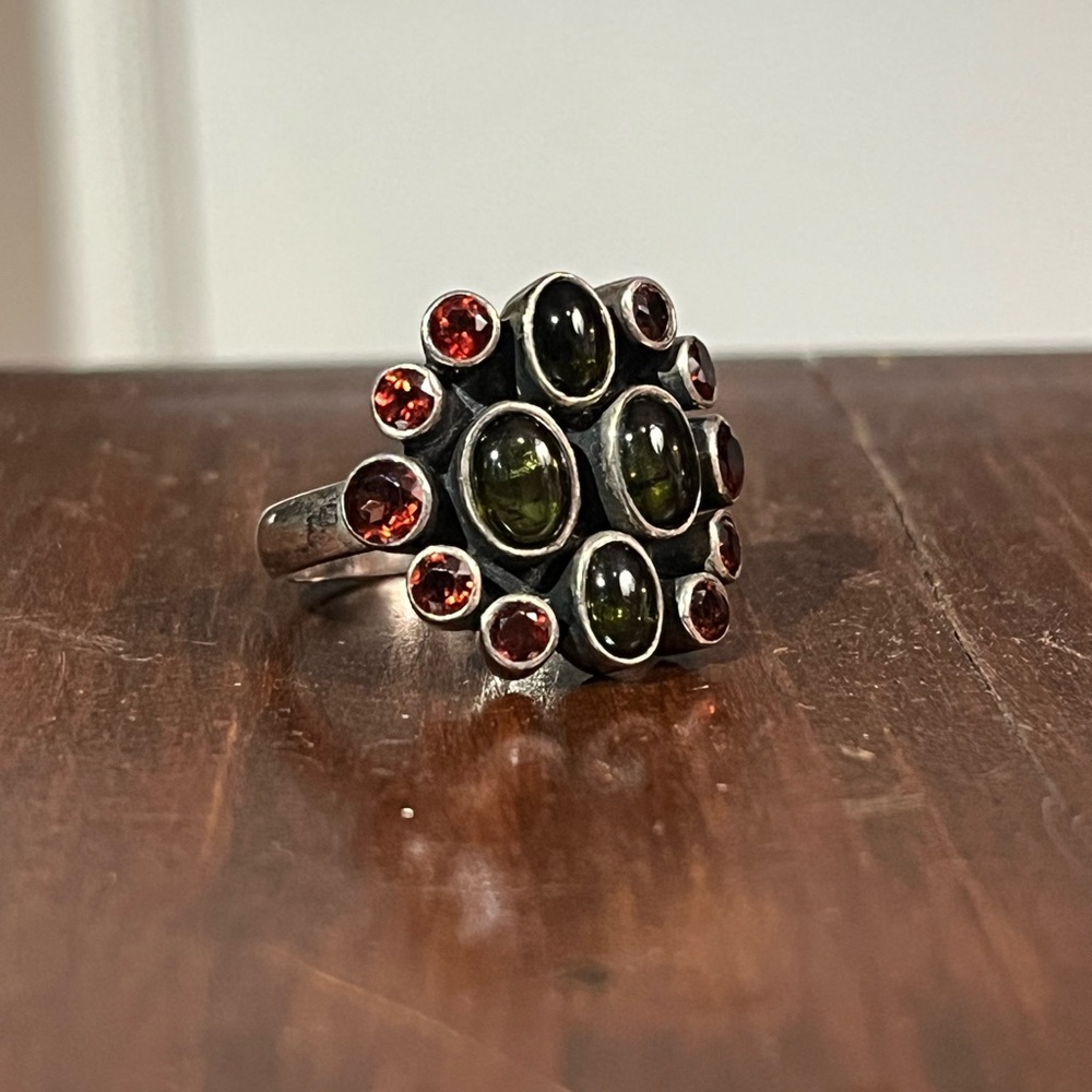 Vintage Nicky Butler 925 sterling silver garnet peridot ring size 9.75